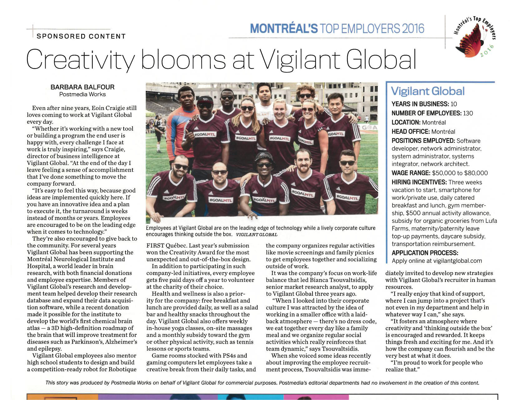 VIGILANT GLOBAL NAMED ONE OF MONTREAL’S TOP 20 EMPLOYERS FOR 2016